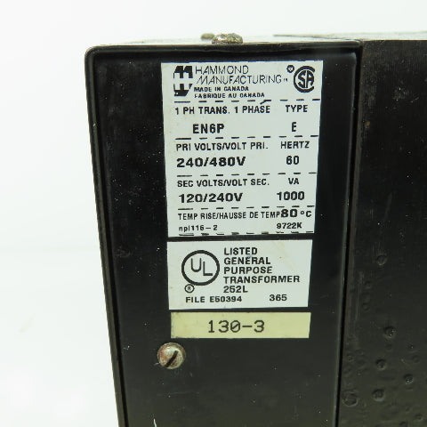 Hamond EN6P 1Ph Type E Control Transformer 240/480V Pri 120/240V Sec 100VA