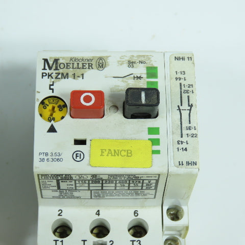 Moeller PKZM1-1 1/2HP Manual Motor Starter Protector 0.6-1.0A W/ Aux Lot Of 3