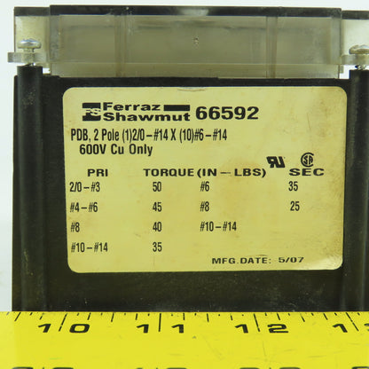 Ferraz Shawmut 66592 PDB 2 Pole 2/0-#14 x10 Way Power Distribution Block W/Cover