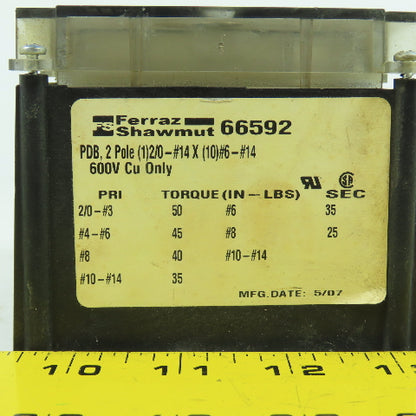 Ferraz Shawmut 66592 PDB 2 Pole 2/0-#14 x10 Way Power Distribution Block W/Cover