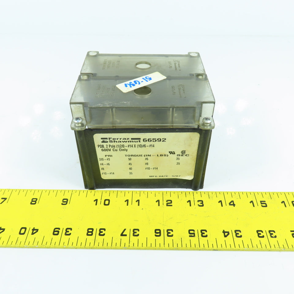 Ferraz Shawmut 66592 PDB 2 Pole 2/0-#14 x10 Way Power Distribution Block W/Cover