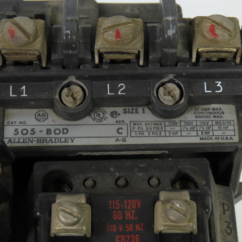Alen Bradley 505-B0D Ser C Size 1 Reversing Contactor 2-10HP 600V 120V Coil 27A
