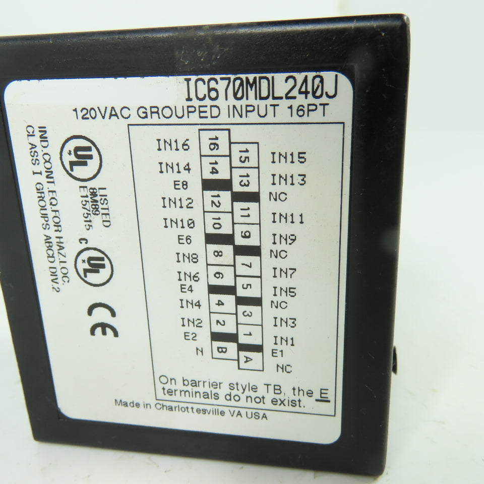 GE Fanuc IC670MDL240J 12VAC Grounded Input Module 16PT 15MA