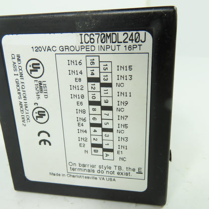 GE Fanuc IC670MDL240J 12VAC Grounded Input Module 16PT 15MA