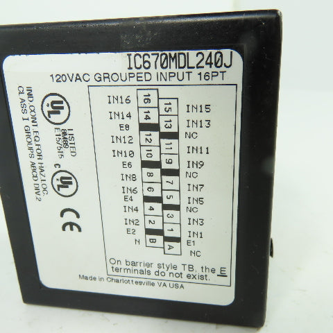 GE Fanuc IC670MDL240J 12VAC Grounded Input Module 16PT 15MA