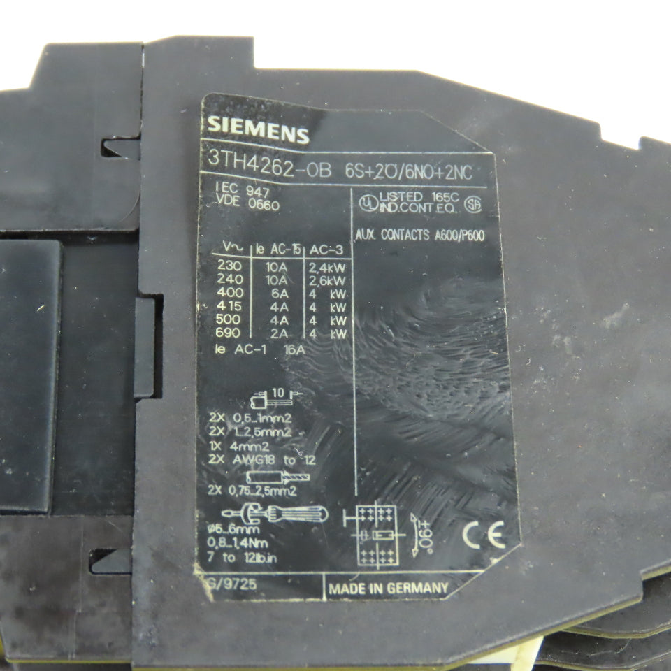 Siemens 3TH4262-0B Contactor Relay 24V Coil 6S+2O/6NO+2NC