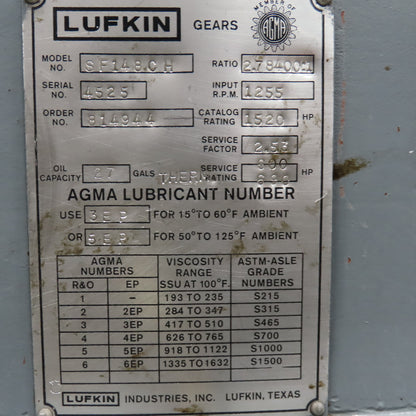 Lufkin SF148CH 2.78:1 Ratio 1255RPM 1520Hp MAX Parallel Gearbox 450RPM Output