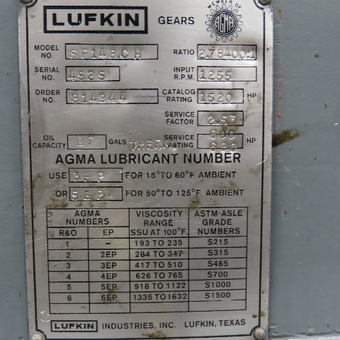 Lufkin SF148CH 2.78:1 Ratio 1255RPM 1520Hp MAX Parallel Gearbox 450RPM Output