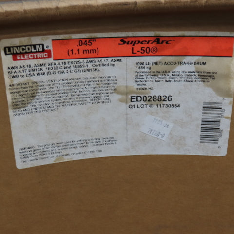 Lincoln Super Arc L-50 .045" Accu-Drum Welding Wire 900Lbs AS/IS See Info