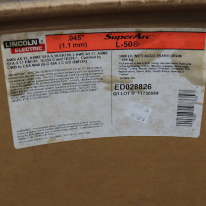 Lincoln Super Arc L-50 .045" Accu-Drum Welding Wire 900Lbs AS/IS See Info