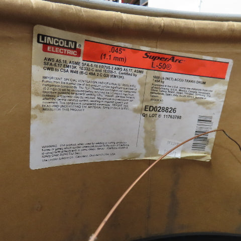 Lincoln Super Arc L-50 .045" Accu-Drum Welding Wire 995Lbs AS/IS See Info