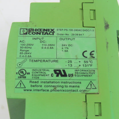 Phoenic Contact STEP-PS-100-240AC/24DC/1.5 24VDC 1.5A Power Supply 100-240V In