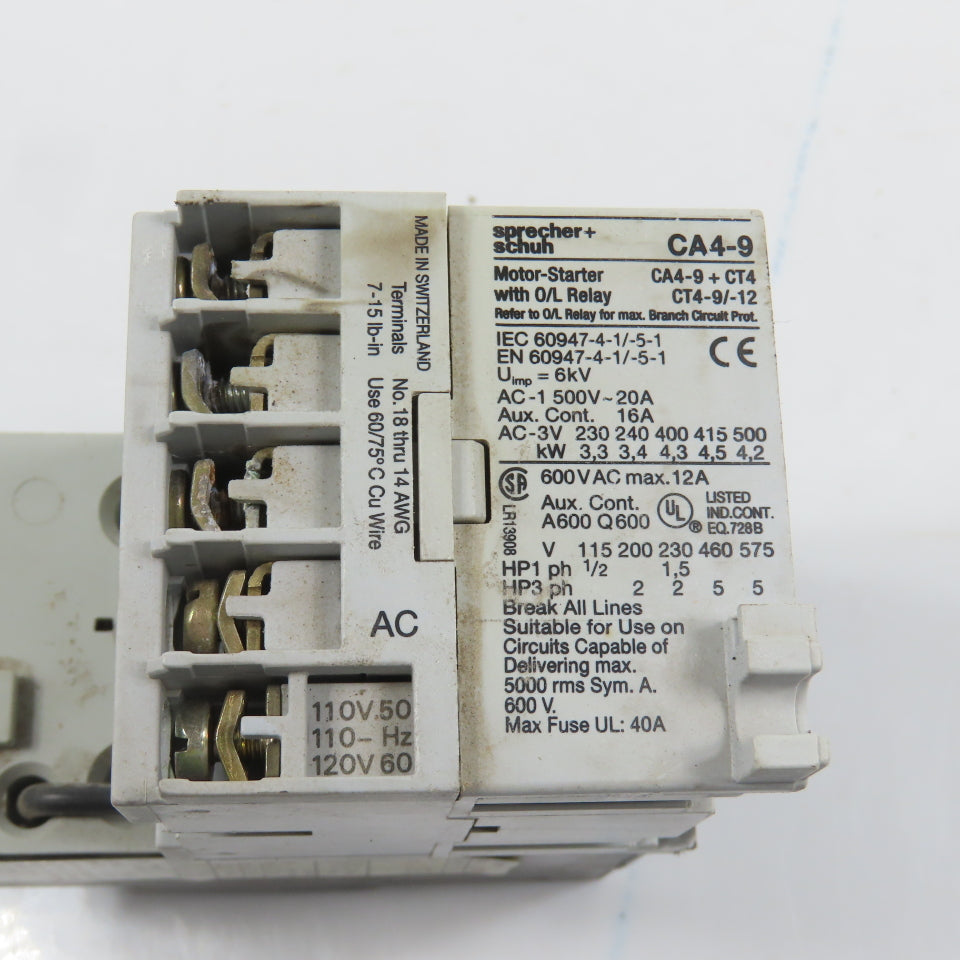 Sprecher + Schuh CA4-9-10 Motor Starter 5HP 120V Coil W/ Overload CT4-9 1.2-1.8A