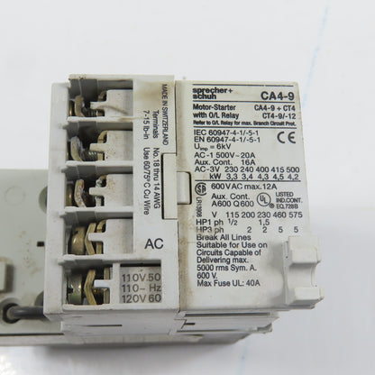 Sprecher + Schuh CA4-9-10 Motor Starter 5HP 120V Coil W/ Overload CT4-9 1.2-1.8A