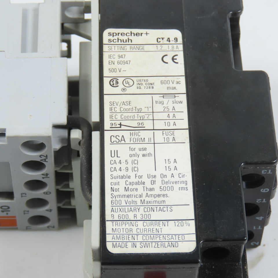 Sprecher + Schuh CA4-9-10 Motor Starter 5HP 120V Coil W/ Overload CT4-9 1.2-1.8A