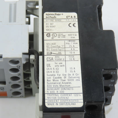 Sprecher + Schuh CA4-9-10 Motor Starter 5HP 120V Coil W/ Overload CT4-9 1.2-1.8A