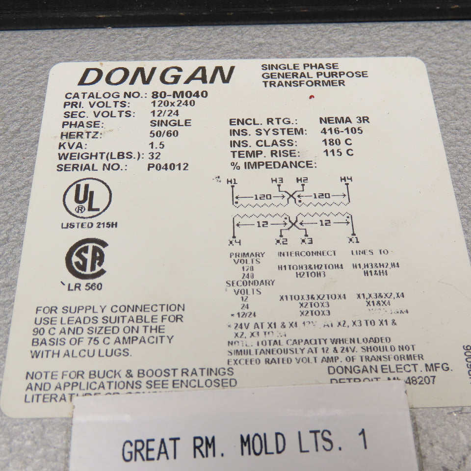 Dongan 80-M040 120 x 240V 1.5kVa 12/24V Sec 1Ph Transformer