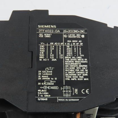 Siemens 3TF4022-0A 7.5HP 20A Contactor 120V Coil W/ 3UA50 00-1G Overload 4-6.3A