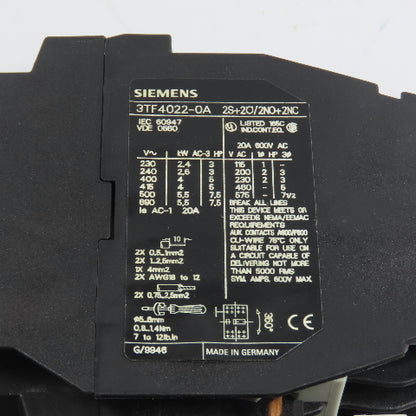 Siemens 3TF4022-0A 7.5HP 20A Contactor 120V Coil W/ 3UA50 00-1G Overload 4-6.3A