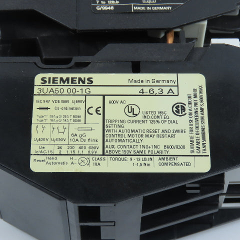 Siemens 3TF4022-0A 7.5HP 20A Contactor 120V Coil W/ 3UA50 00-1G Overload 4-6.3A