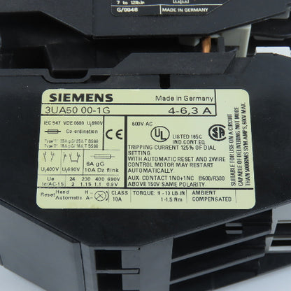 Siemens 3TF4022-0A 7.5HP 20A Contactor 120V Coil W/ 3UA50 00-1G Overload 4-6.3A