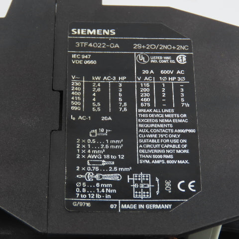 Siemens 3TF4022-0A 7.5HP 20A Contactor 120V Coil W/ 3UA50 00-1F Overload 3.2-5A
