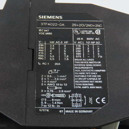 Siemens 3TF4022-0A 7.5HP 20A Contactor 120V Coil W/ 3UA50 00-1F Overload 3.2-5A