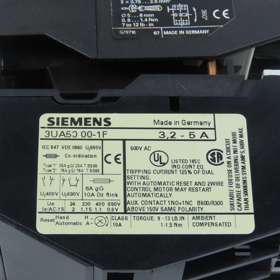Siemens 3TF4022-0A 7.5HP 20A Contactor 120V Coil W/ 3UA50 00-1F Overload 3.2-5A