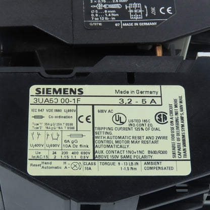 Siemens 3TF4022-0A 7.5HP 20A Contactor 120V Coil W/ 3UA50 00-1F Overload 3.2-5A