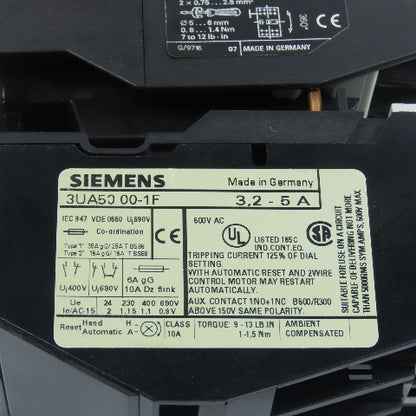 Siemens 3TF4022-0A 7.5HP 20A Contactor 120V Coil W/ 3UA50 00-1F Overload 3.2-5A