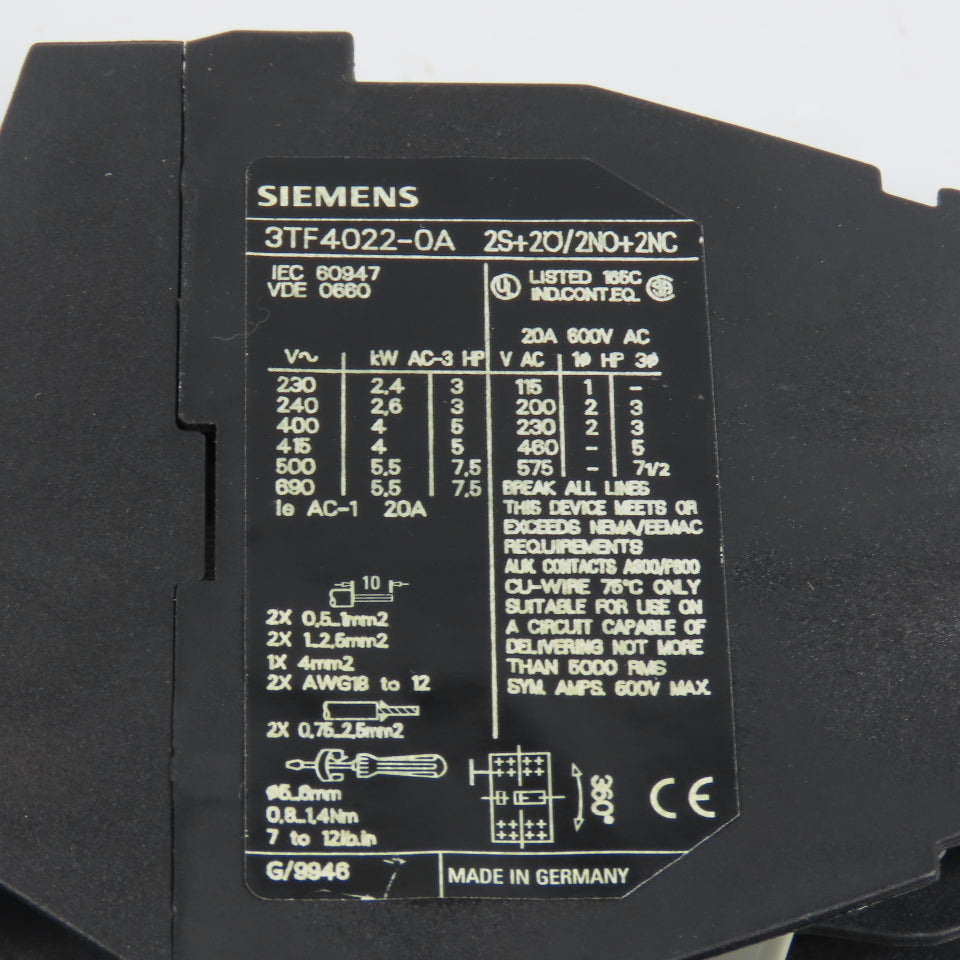 Siemens 3TF4022-0A 7.5HP 20A Contactor 120V Coil W/ 3UA50 00-1E Overload 2.5-4A