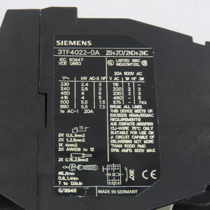 Siemens 3TF4022-0A 7.5HP 20A Contactor 120V Coil W/ 3UA50 00-1E Overload 2.5-4A