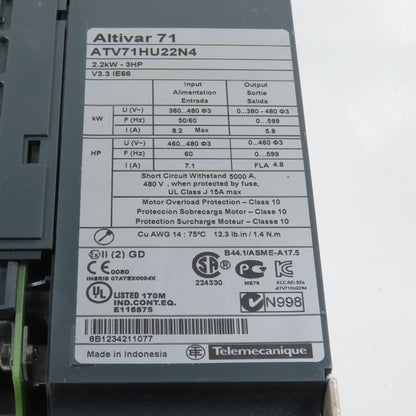 Schneider ATV71HU22N4 Altivar 71 3HP Variable Speed Drive 380-480V W/ VW3A1101