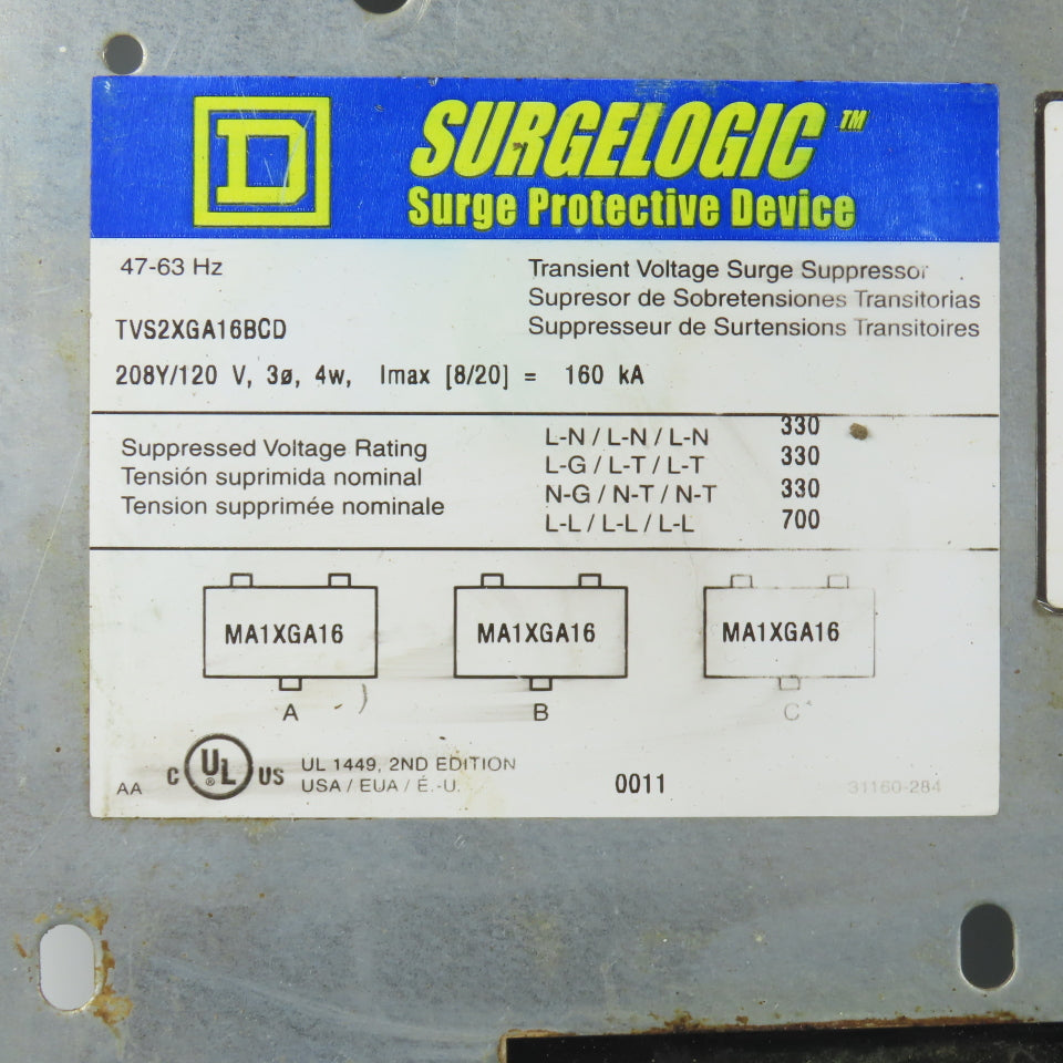 Square D TVS2XGA16BCD Surgelogic Surge Protection Device 208/120V 4W 47-63HZ