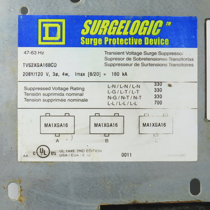 Square D TVS2XGA16BCD Surgelogic Surge Protection Device 208/120V 4W 47-63HZ