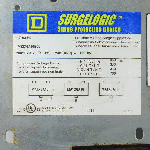 Square D TVS2XGA16BCD Surgelogic Surge Protection Device 208/120V 4W 47-63HZ