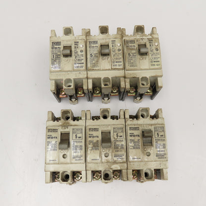 Mitsubishi NV30-FA NF30-FA 5 Amp Circuit Breaker 2 Pole 250VAC 65VDC Lot Of 6