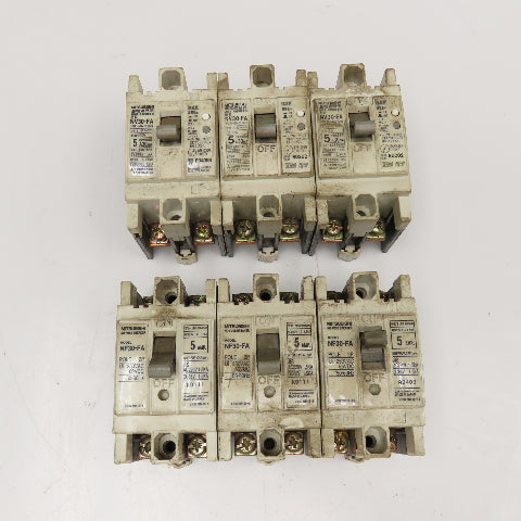 Mitsubishi NV30-FA NF30-FA 5 Amp Circuit Breaker 2 Pole 250VAC 65VDC Lot Of 6