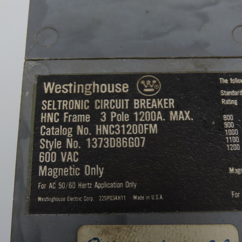 Westinghouse HNC31200FM 3-Pole 1200A Max Circuit Breaker 600VAC