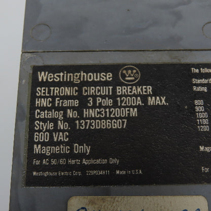 Westinghouse HNC31200FM 3-Pole 1200A Max Circuit Breaker 600VAC