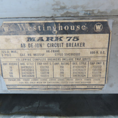 Westinghouse HK3225F Mark 75 3-Pole 225A Max Circuit Breaker 600VAC
