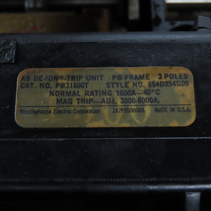 Westinghouse 3-Pole 1600 Amp Circuit Breaker PB31600T AB De Ion Trip Unit