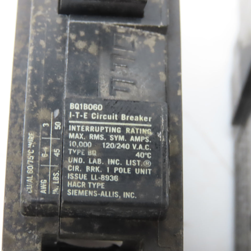 ITE BQ1B060 60 Amp 120V 240V Single Pole Circuit Breaker Lot of 2