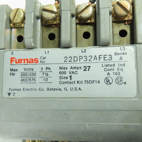 Furnas 22DP32AFE3 Size 1 3Ph Reversing Motor Starter 27A 600VAC 120V Coil