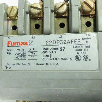 Furnas 22DP32AFE3 Size 1 3Ph Reversing Motor Starter 27A 600VAC 120V Coil