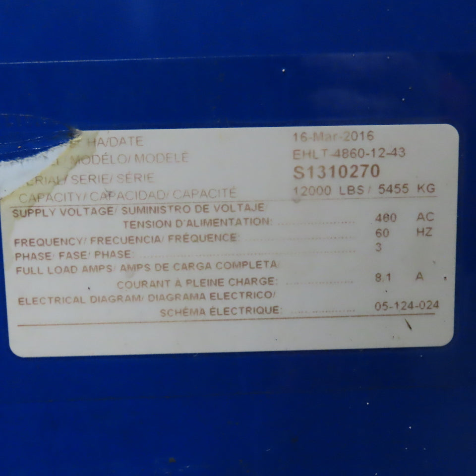 Vestil EHLT-4860-12-43 6 Ton Hydraulic Scissor Lift Table 460V 3Ph 10"-43" Lift