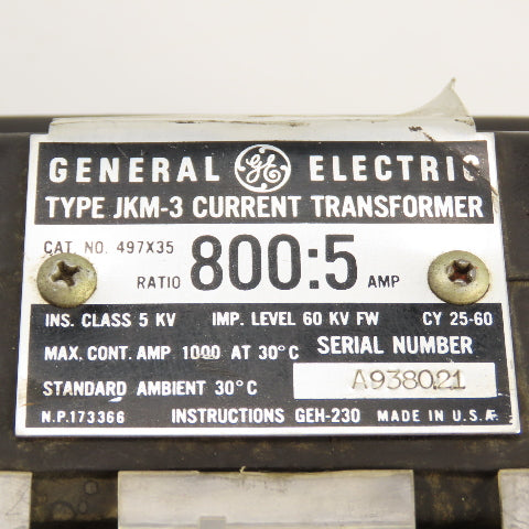General Electric 497X35 Type JKM-3 Current Transformer Ratio 800:5 Amp