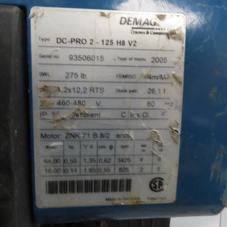 Demag DC-PRO 2-125 H8V2 275lbs 2 Speed 16/65FPM Electric Hoist 26' Lift 480V 3PH