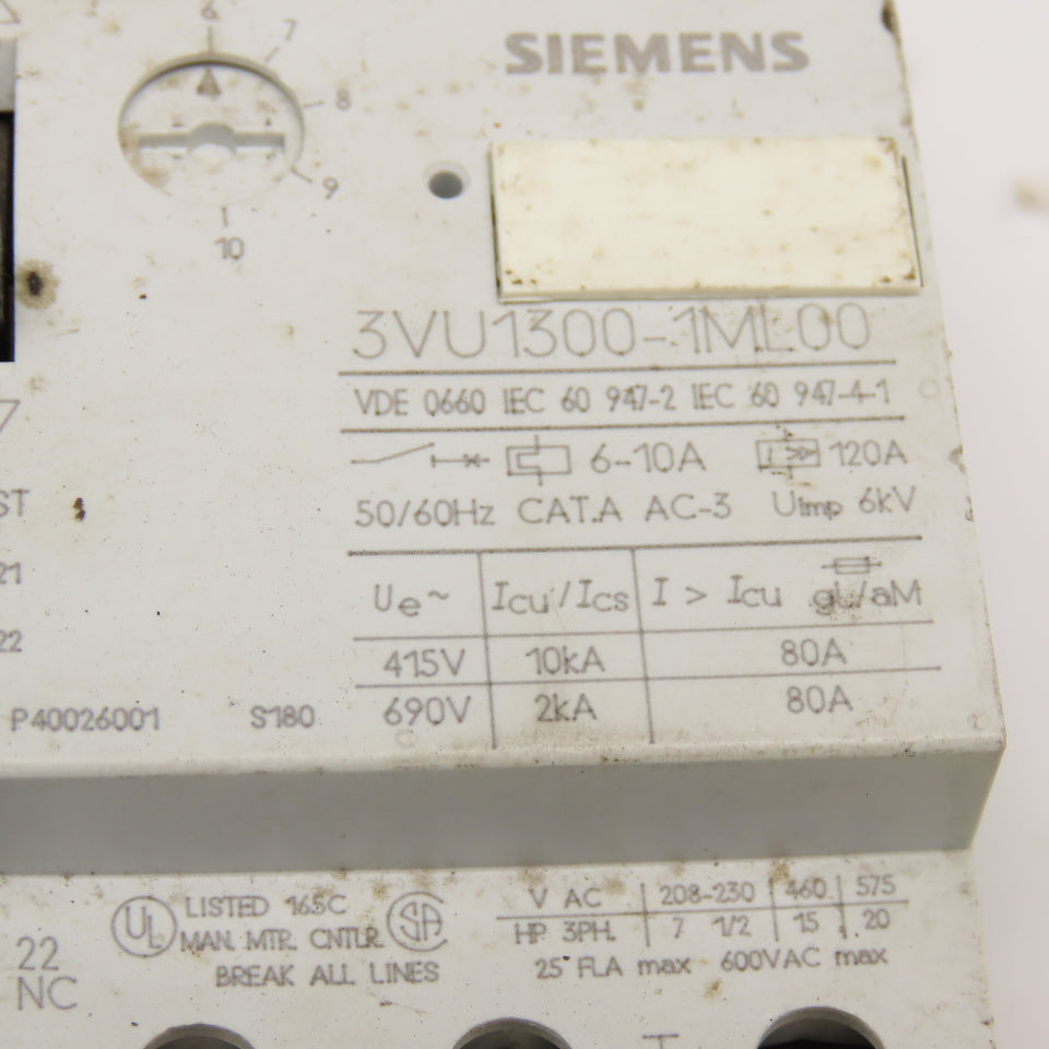 Siemens 3VU1300-1ML00 600VAC 25FLA Motor Starter Breaker 6-10A Trip Lot Of 3