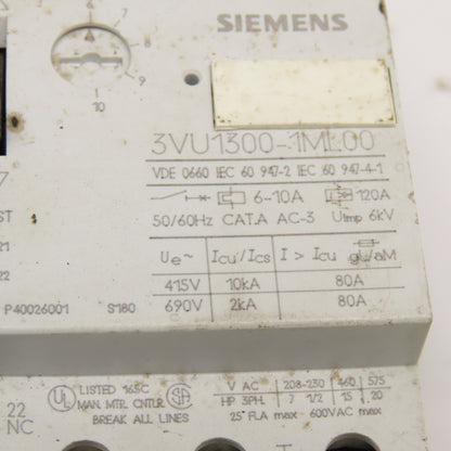 Siemens 3VU1300-1ML00 600VAC 25FLA Motor Starter Breaker 6-10A Trip Lot Of 3